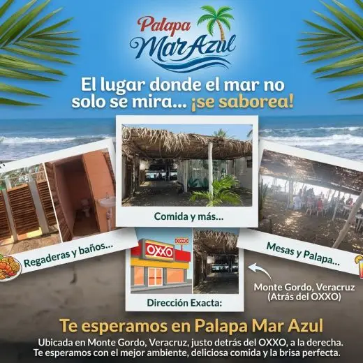 Logotipo de Palapa Mar Azul sobre un fondo de playa en Costa Esmeralda, Monte Gordo, Veracruz.